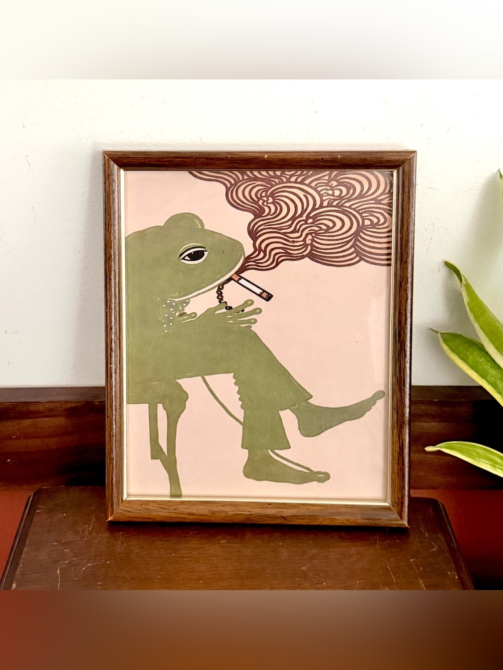 Green Frog Smoking Cigarette Drawing Canvas Print Quirky Wall Art Vintage Framed